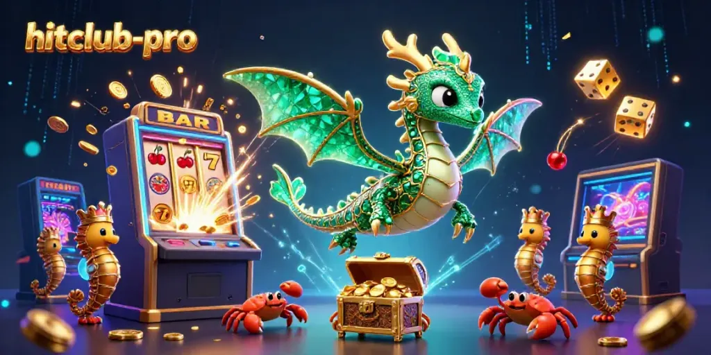 Spin the reels for prizes at hitclub-pro with a vibrant casino-themed illustration