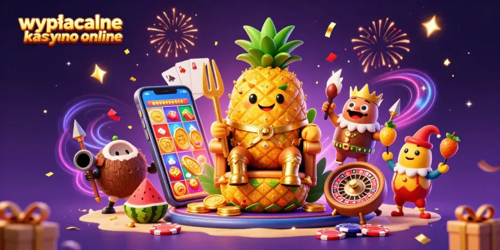 Witness the exciting world of wypłacalne kasyno online with a golden pineapple king in a vibrant casino scene.