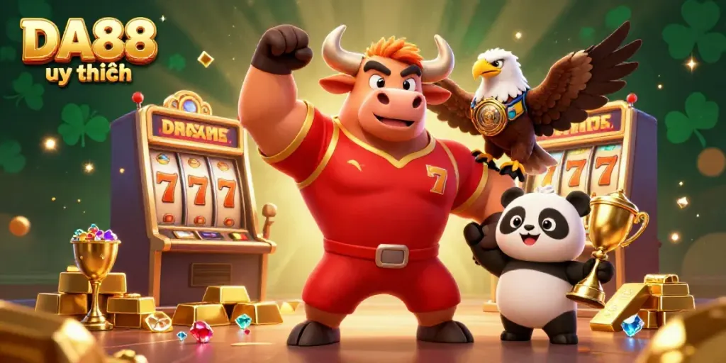 Experience the thrill of DA88 uy tín with a victorious bull mascot, an eagle, and a panda amidst dazzling casino treasures.