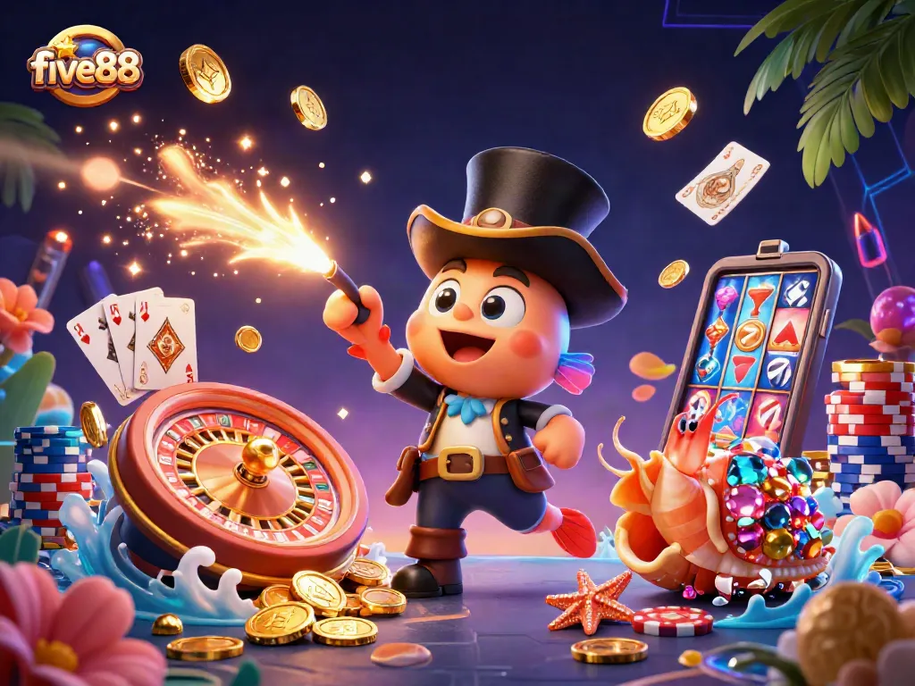 Spin the reels at five88 with an anglerfish leading a treasure hunt amidst dazzling casino elements.
