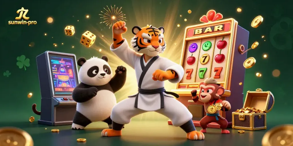 Experience the thrilling jackpot of sunwin-pro with a dynamic 3D casino scene featuring a kung fu tiger, panda, and playful monkey.