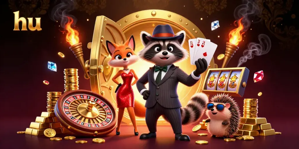 Experience the excitement at hu online casino with a suave raccoon playing poker among gold treasures.