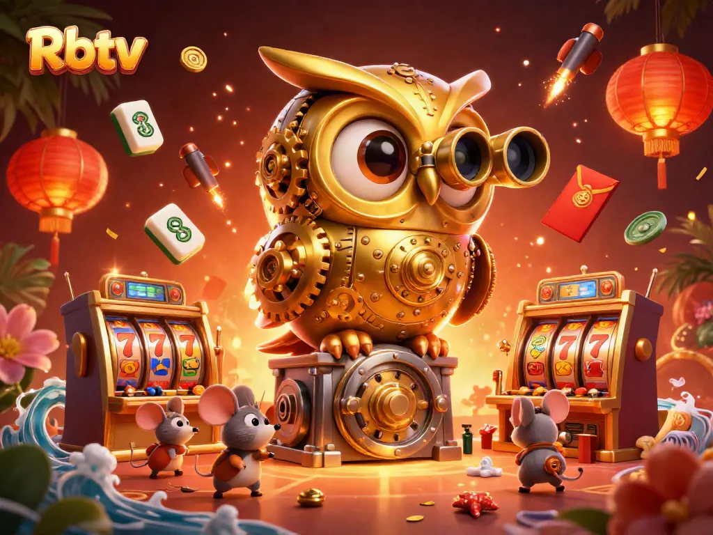 Rbtv menampilkan karakter hantu penjaga kasino dengan elemen slot yang berkilauan.
