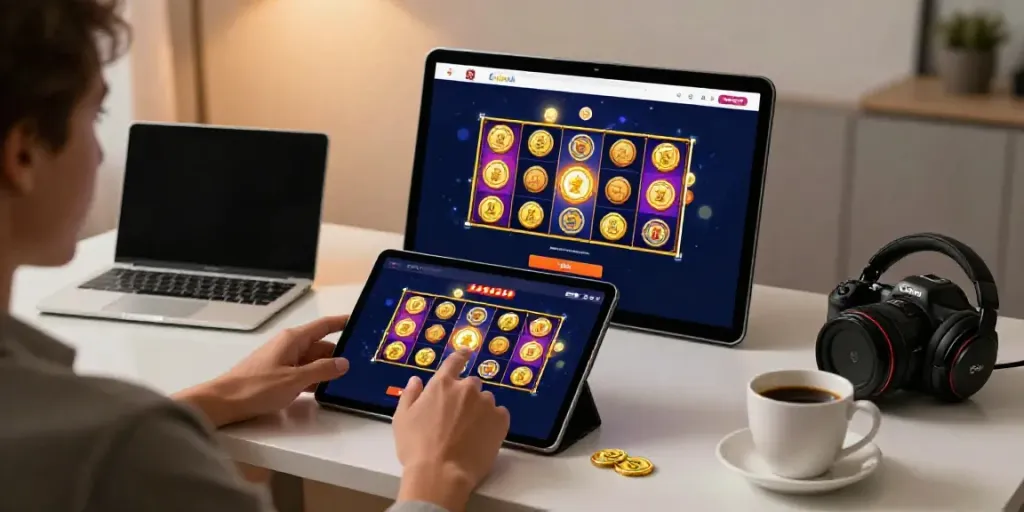 Person enjoying an engaging kayu77 online slot game experience on tablet, colorful graphics and gaming atmosphere.