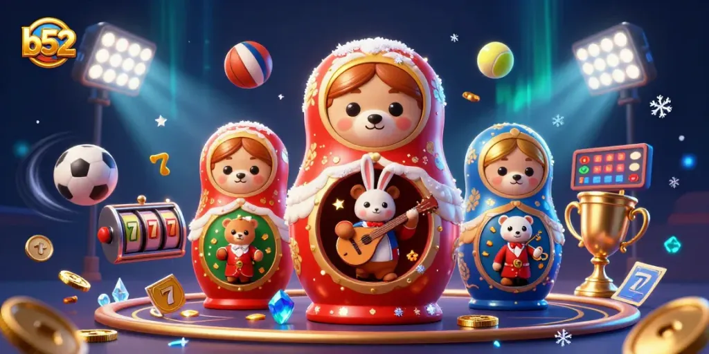 B52 casino gaming scene with Matryoshka dolls and vibrant game elements for interactive fun.