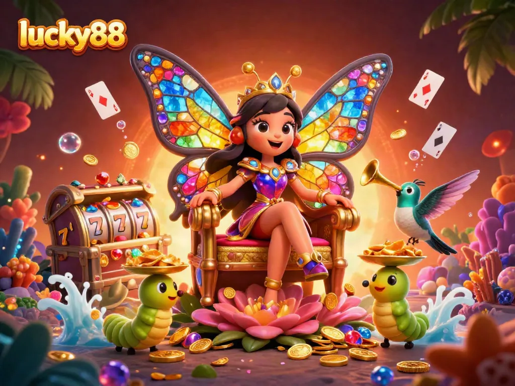Engage with lucky88's vibrant 3D casino world featuring a butterfly queen and treasure-filled elements.