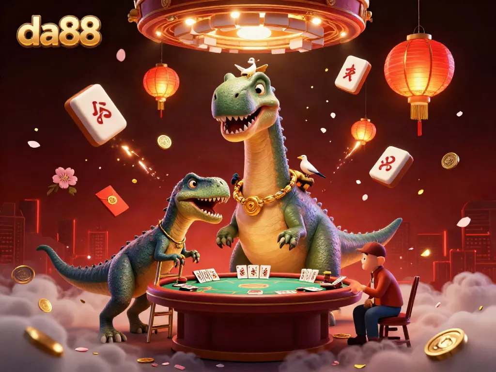 da88 showcases a brontosaurus dealing cards in a vibrant casino scene filled with Mahjong tiles and lanterns