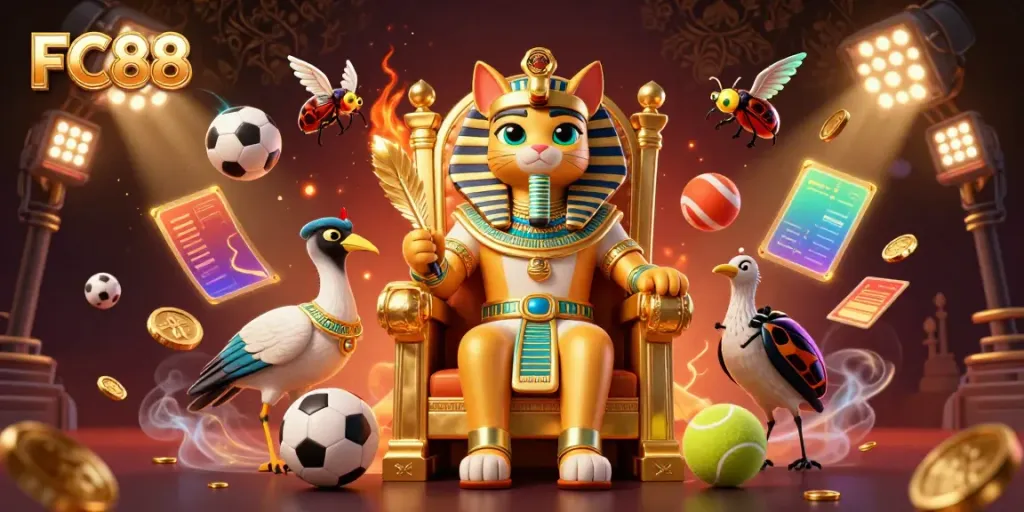 FC88 illustration showcasing dynamic sports betting elements with animated characters and vibrant casino atmosphere.