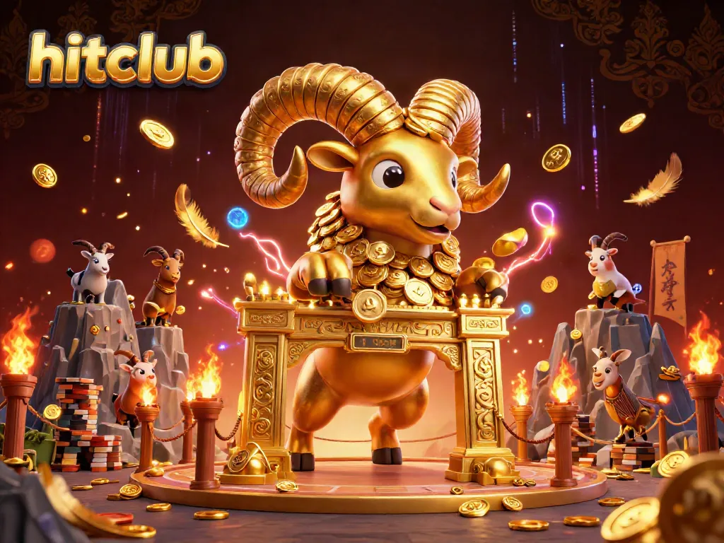 hitclub features a golden ram charging through a casino-themed scene full of excitement.