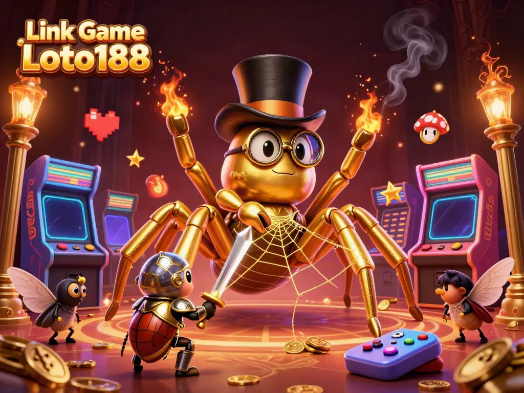 Engage with Link Game Loto188 through a vibrant casino scene featuring a golden tarantula and heroic beetle knight.