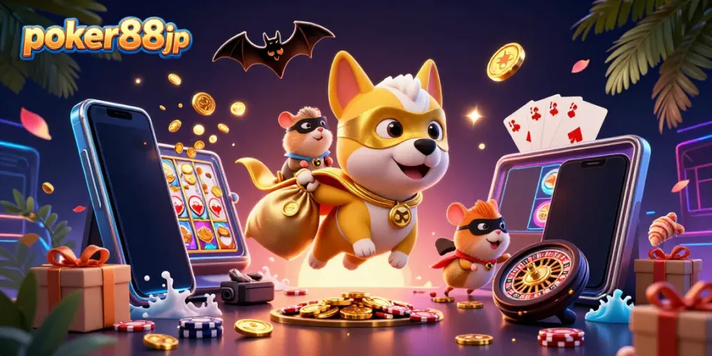 Experience exciting gaming moments with poker88jp featuring a superhero dog and hamster amidst casino elements.