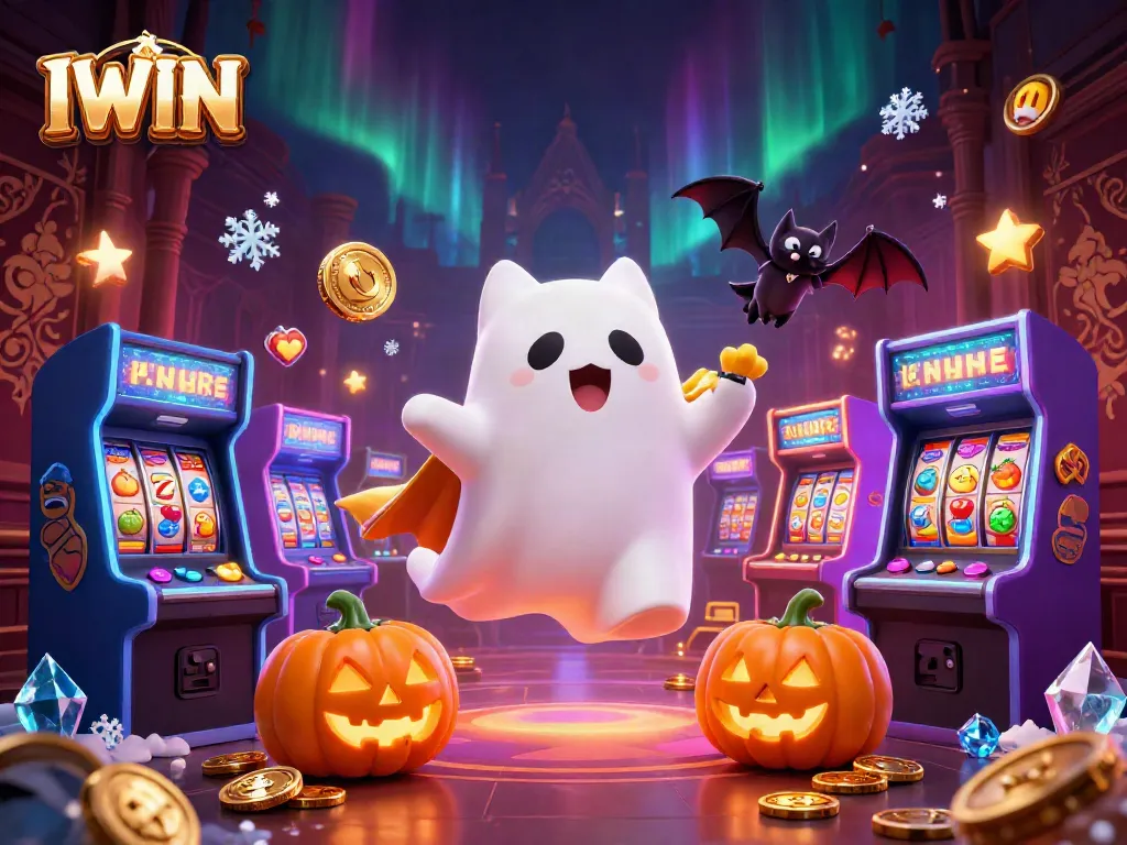 IWIN brings excitement with a ghost cat and vampire bat floating through a vibrant haunted casino.