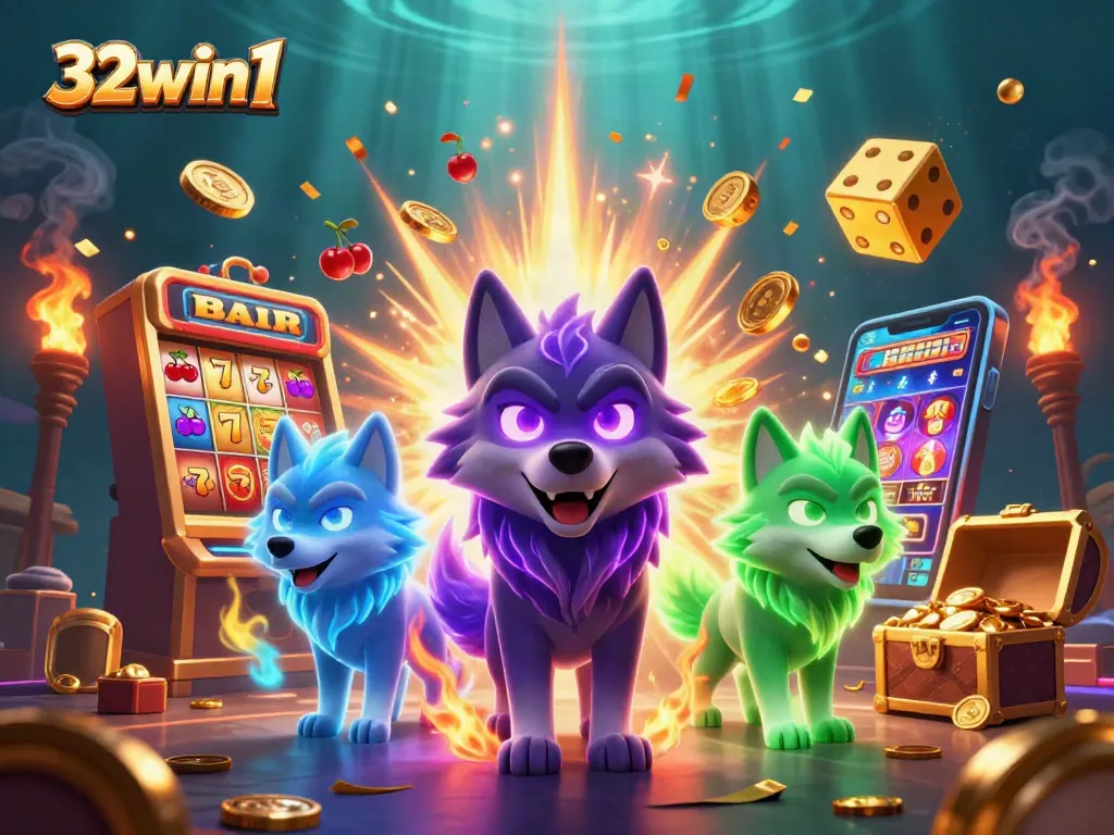 Spin and win with 32win1 in a vibrant casino scene featuring ghostly wolves.