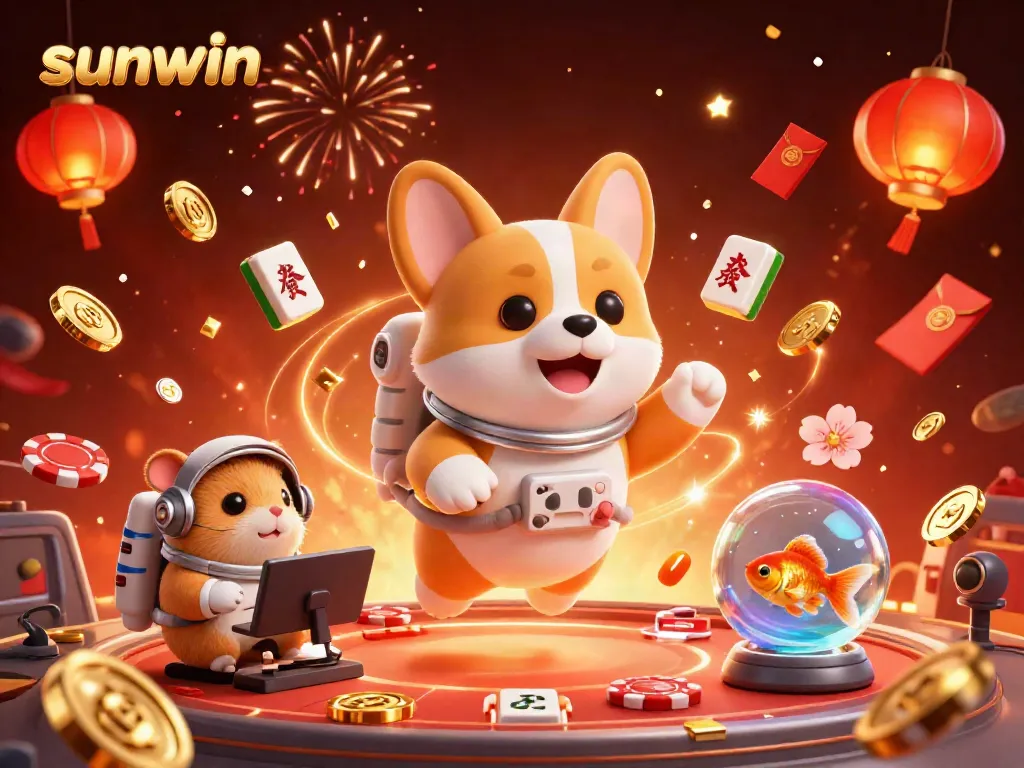 Join the thrilling space casino adventure with sunwin, as the corgi astronaut floats among poker chips.