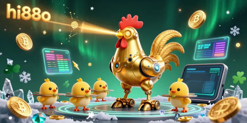 Engage with hi88o's retro-futuristic golden rooster robot in a lively casino scene filled with crypto elements.