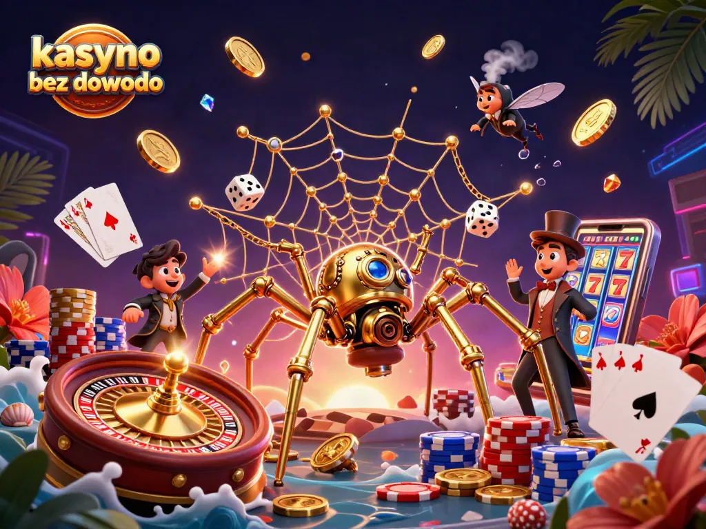 Engage in "kasyno bez dowodu" action with a dynamic 3D steampunk scene featuring golden spider and poker elements.