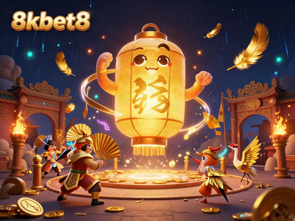8xbet8 showcases an enchanting night market casino with glowing lanterns and golden warriors in action.