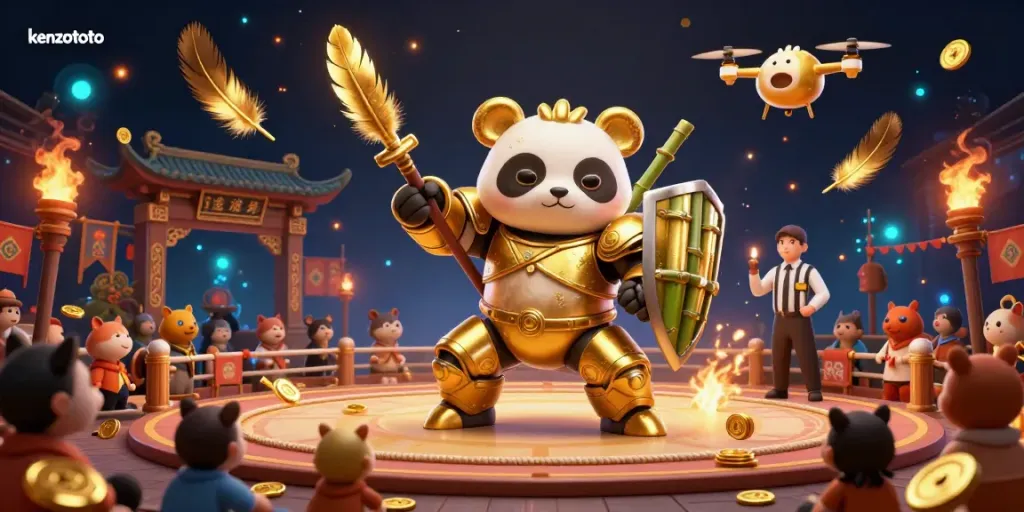 Engage with kenzototo's dynamic casino arena featuring a golden panda in a mech with vibrant gaming elements.