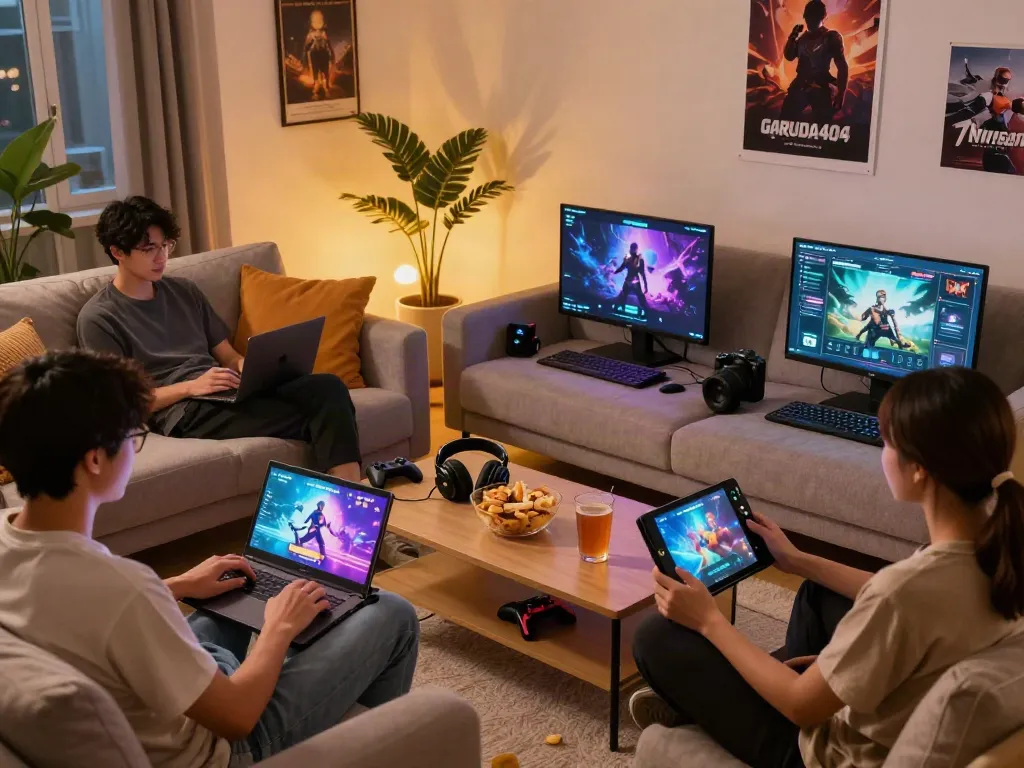 Enjoying Garuda404 gaming platform in a cozy living room with friends.