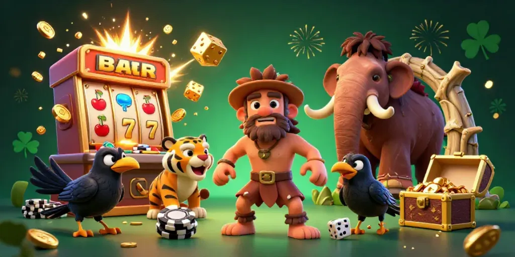 Experience thrilling manclubs gameplay in a vibrant prehistoric casino scene.