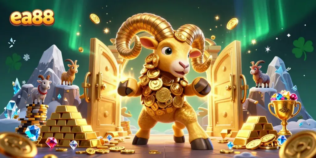 Experience thrilling wins at ea88 with a massive golden ram charging for treasure in this vibrant casino scene.