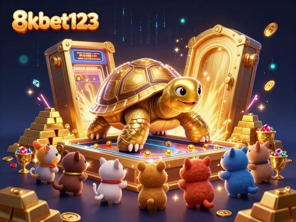 Join the thrilling fun at 8xbet123, with an exciting pinball casino scene featuring a golden tortoise and lucky charms.