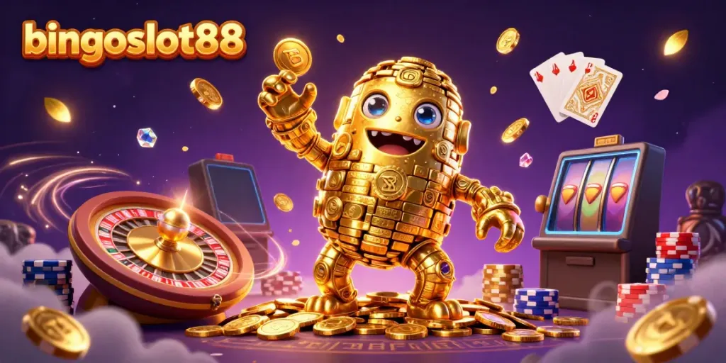 Permainan menarik di bingoslot88 dengan karakter utama golem emas dan berbagai elemen kasino.