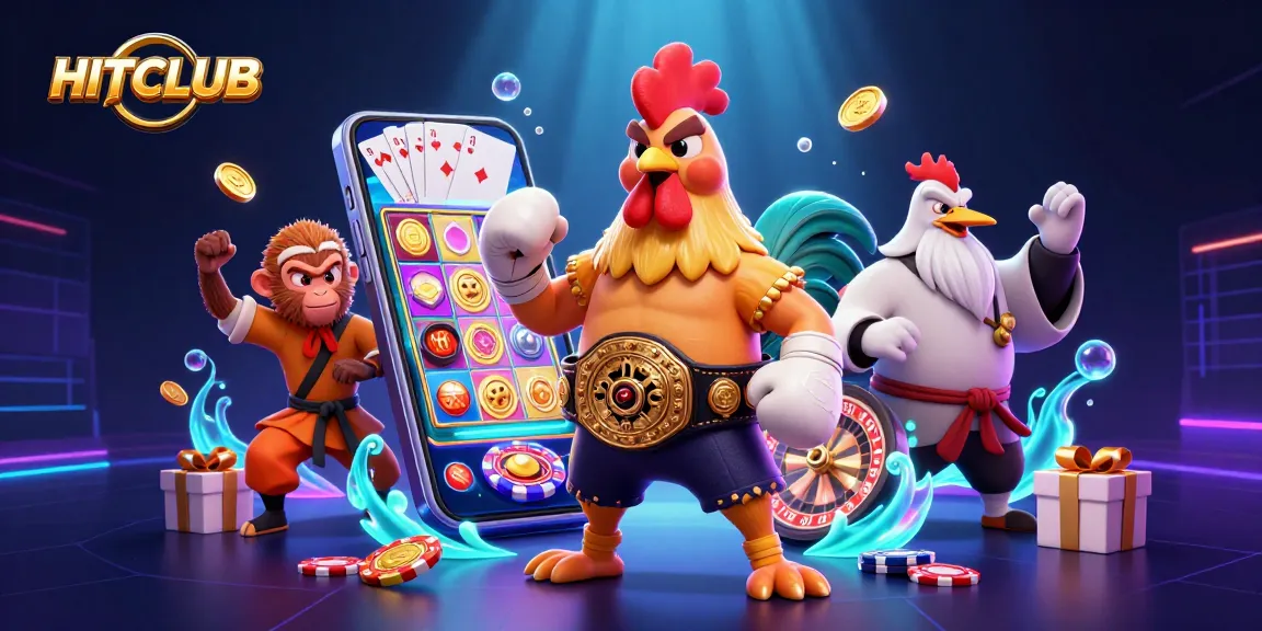 Engage with HITCLUB's thrilling gameplay featuring champions in a vibrant casino scene.