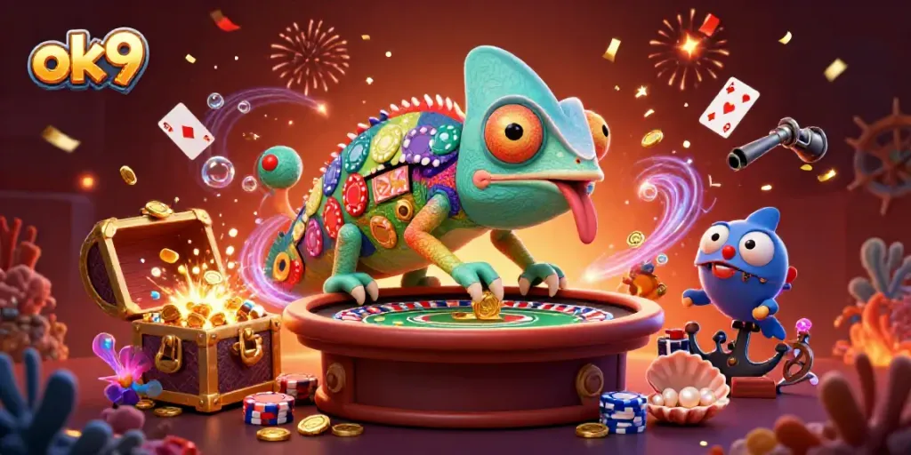Experience the thrilling action with ok9, where a vibrant chameleon owner captures golden coins in a lively casino.