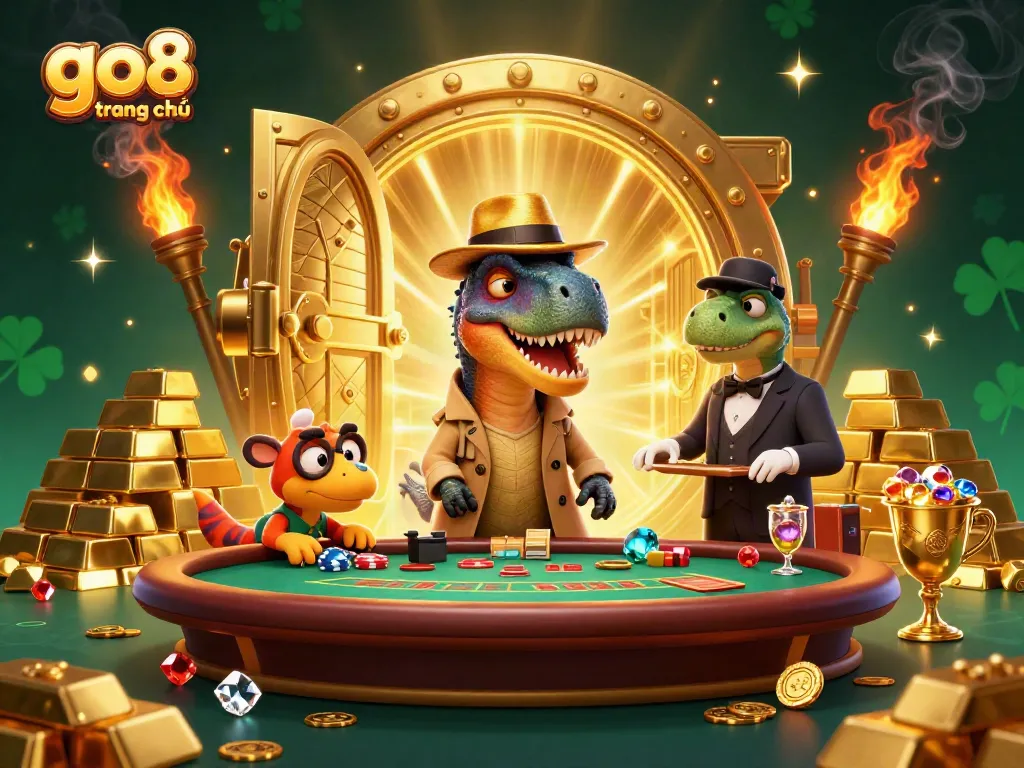 Experience the excitement at go8 trang chủ with a cartoon velociraptor card counter at a blackjack table surrounded by treasure.