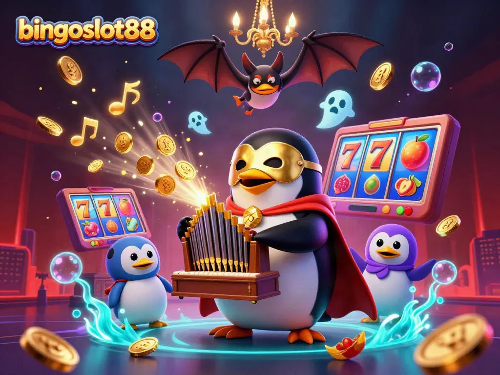 Persembahan bingoslot88 menampilkan penguin opera dengan organ dan koin emas di atas meja slot yang berkilau.