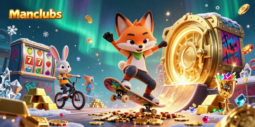 Experience manclubs gaming with an animated fox and rabbit amidst casino treasures and vibrant symbols.