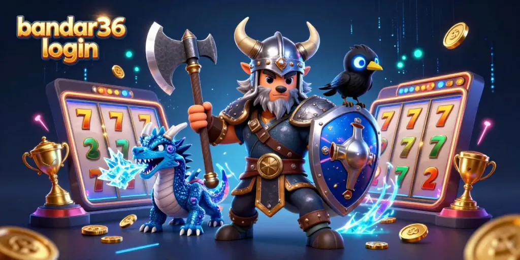Permainan slot menarik di bandar36 login dengan karakter pahlawan, naga, dan burung gagak yang berinteraksi.