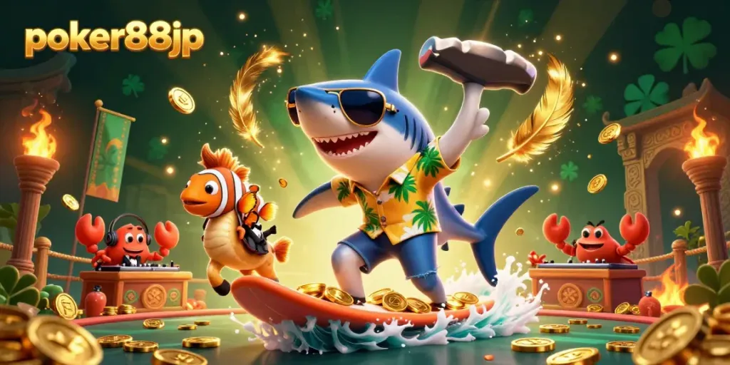 Experience poker88jp excitement with the shark surfing on gold coins in this vibrant casino scene.