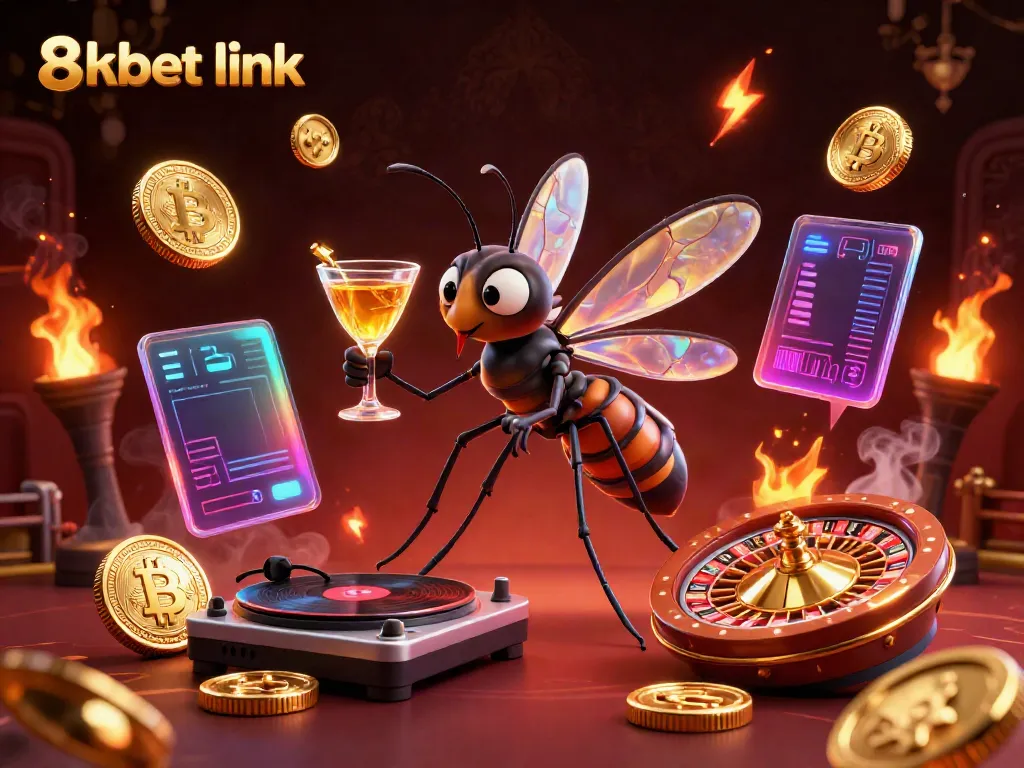 Win big with 8xbet link in a vibrant 3D casino scene featuring crypto elements.