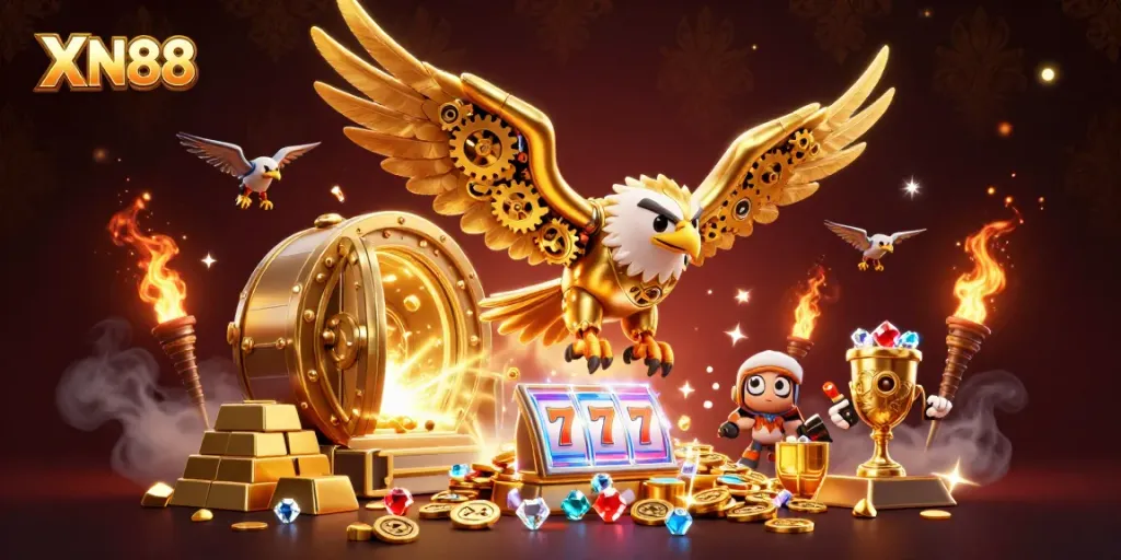 Experience XN88's thrilling casino adventure with a golden eagle, surrounded by treasures and slot reels.