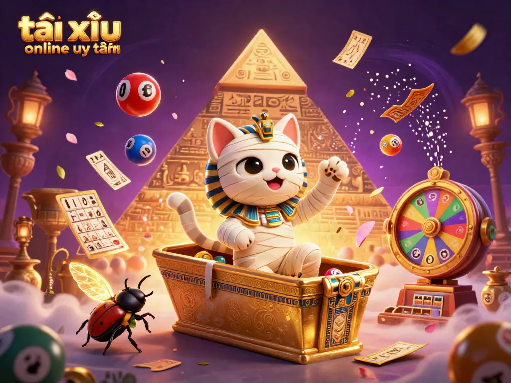 Engage with tài xỉu online uy tín through an exhilarating 3D scene featuring vibrant gaming elements and an Egyptian mummy cat.