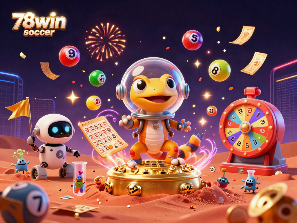 Engage with 78win soccer through an exciting lottery scene featuring a Martian gecko and colorful prizes.