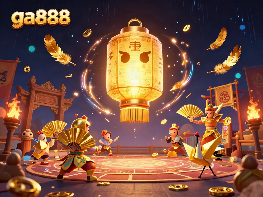 Experience high-stakes gaming at ga888 with a dynamic 3D scene featuring a vibrant lantern spirit and warriors.