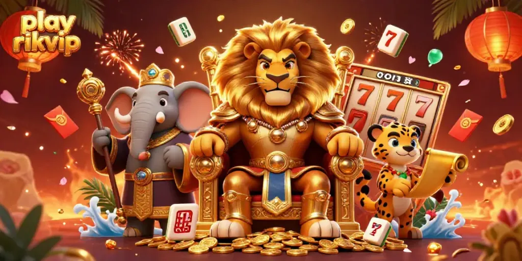 Play rikvip with excitement, featuring a dynamic scene of a regal lion, wise elephant, and swift cheetah amidst vibrant casino elements.