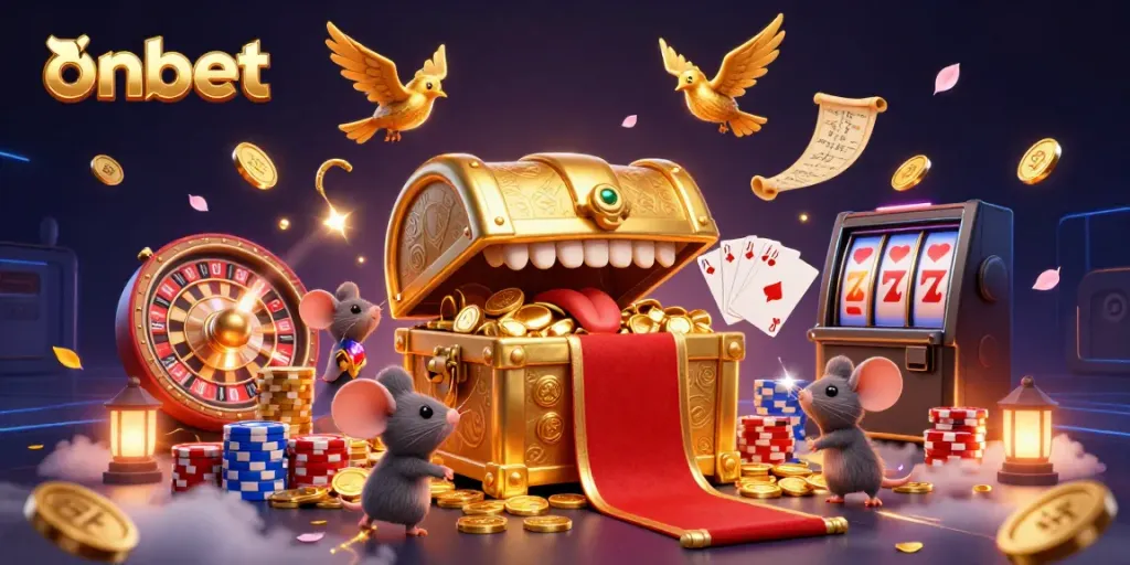 Engage with thrilling onbet gaming through a dynamic scene of a treasure chest and rich casino elements.