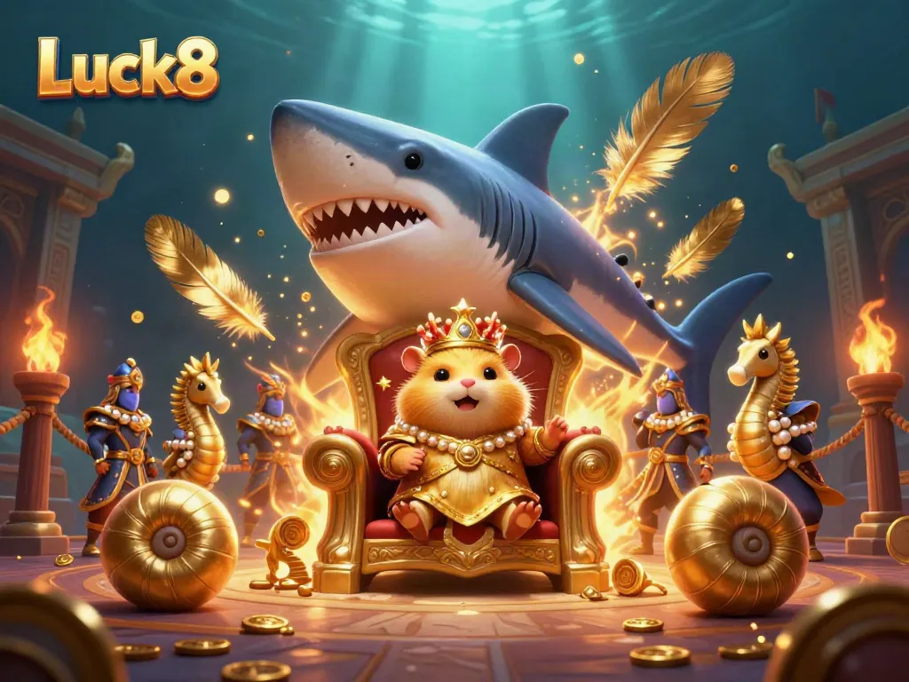 Engage with Luck8's thrilling gaming adventure while the golden hamster king rules from his throne surrounded by dynamic casino elements.