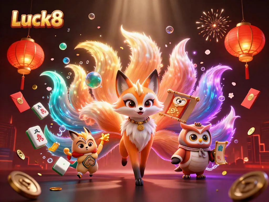 Engage in thrilling gaming at Luck8 with a vibrant, magical illustration featuring a nine-tailed fox and wise owl.